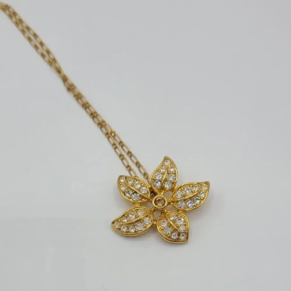 J Crew Pave Clear Crystal Gold Tone Flower Pendant